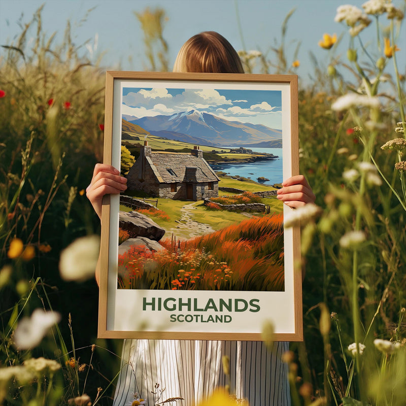 Scottish Highlands Poster — Stone Cottage by the Loch