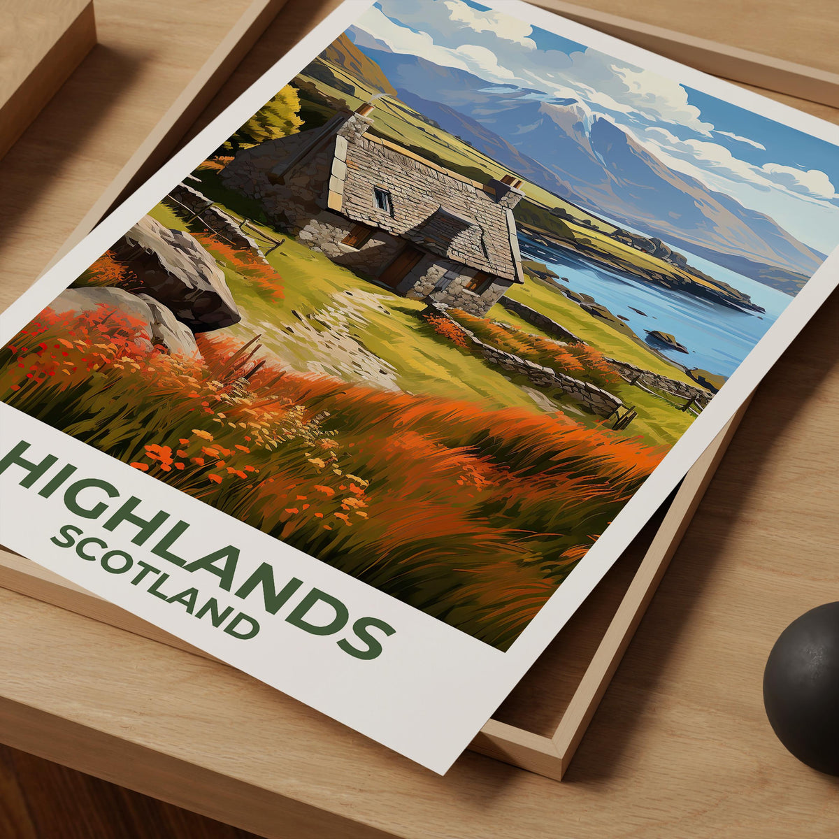 Scottish Highlands Poster — Stone Cottage by the Loch