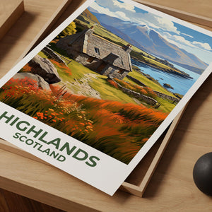 Scottish Highlands Poster — Stone Cottage by the Loch