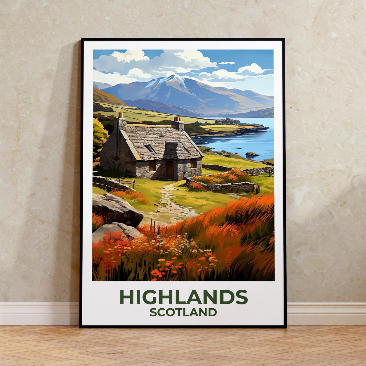 Scottish Highlands Poster — Stone Cottage by the Loch