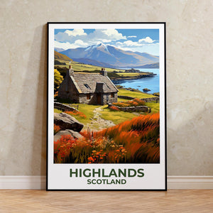 Scottish Highlands Poster — Stone Cottage by the Loch