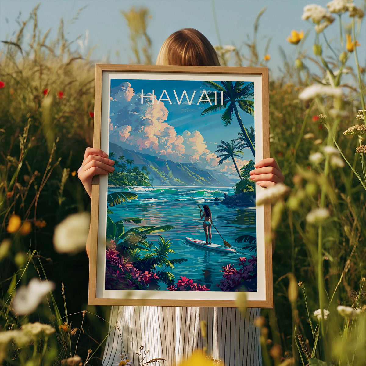 Hawaii Paddleboarding Poster – Tropical Bay & Palm Trees