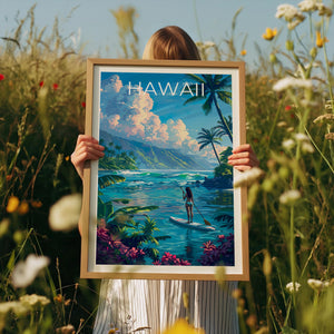 Hawaii Paddleboarding Poster – Tropical Bay & Palm Trees