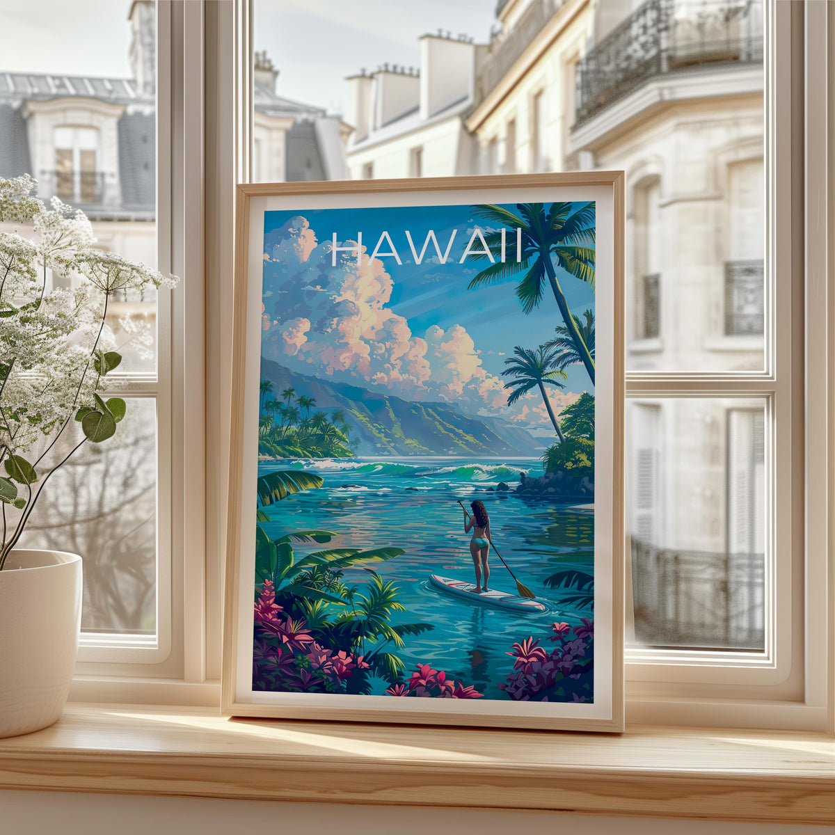 Hawaii Paddleboarding Poster – Tropical Bay & Palm Trees