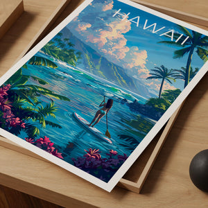 Hawaii Paddleboarding Poster – Tropical Bay & Palm Trees