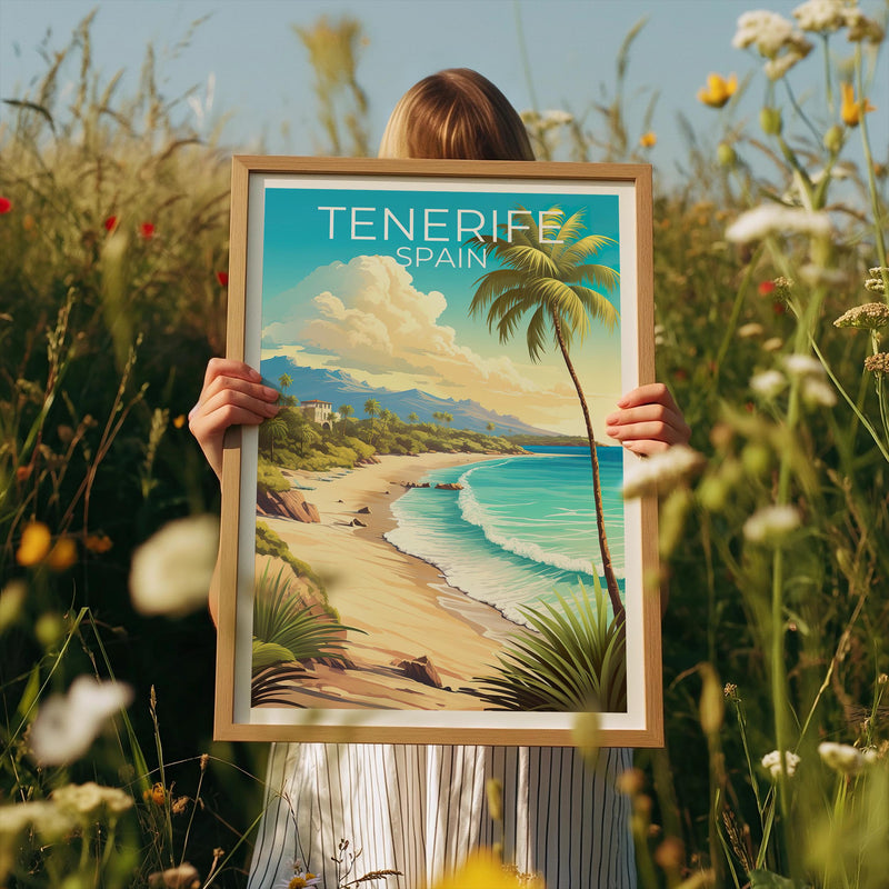 Tenerife Beach Poster, Spain Palm-Lined Shore Illustration