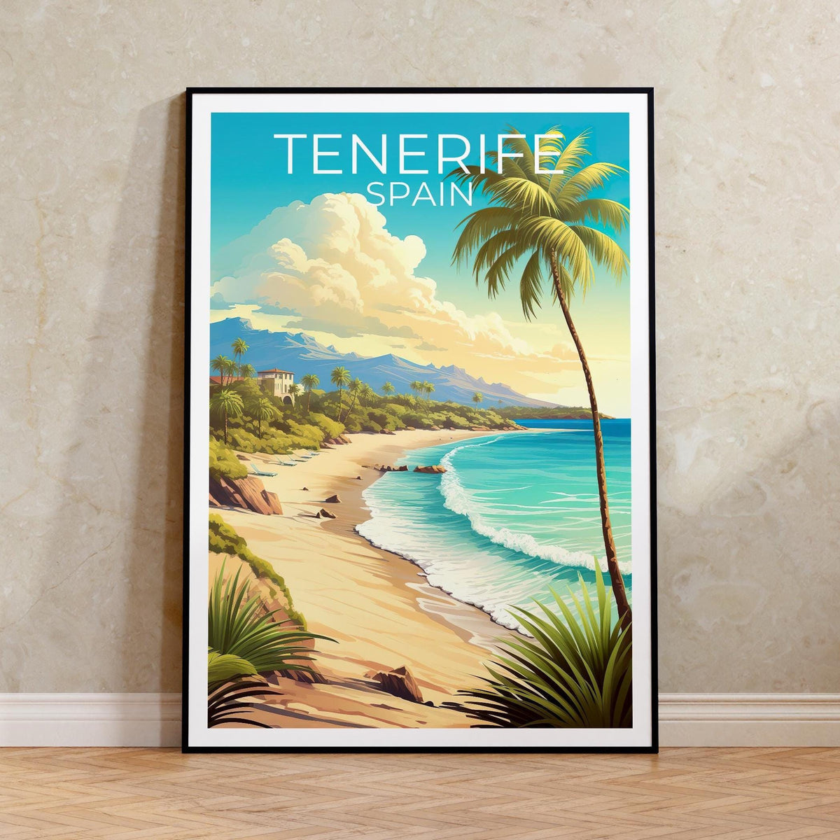 Tenerife Beach Poster, Spain Palm-Lined Shore Illustration
