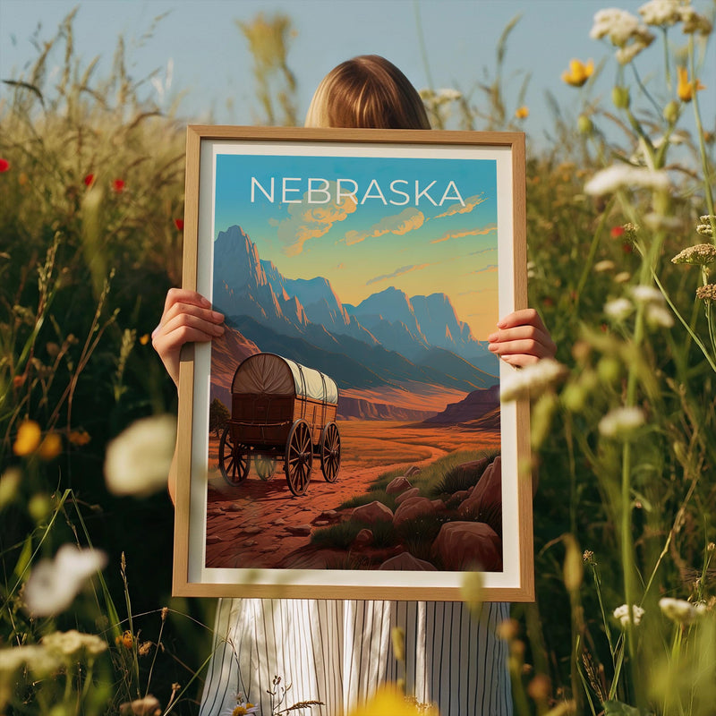 Nebraska Poster – Covered Wagon Frontier Trail Sunset Print