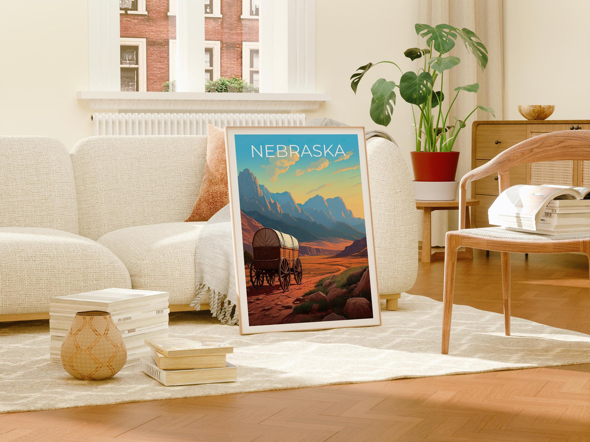 Nebraska Poster – Covered Wagon Frontier Trail Sunset Print