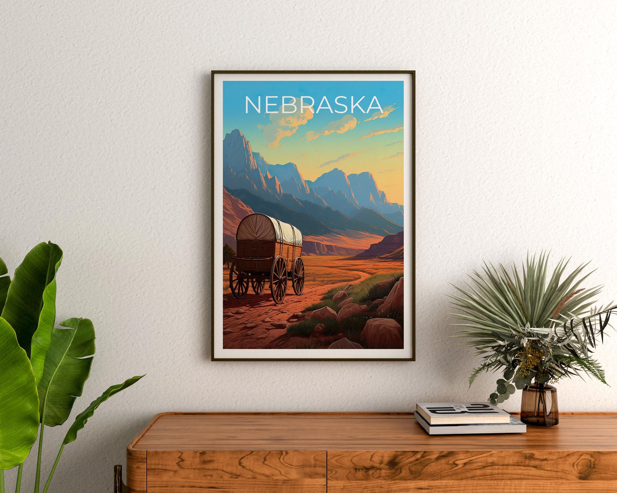 Nebraska Poster – Covered Wagon Frontier Trail Sunset Print