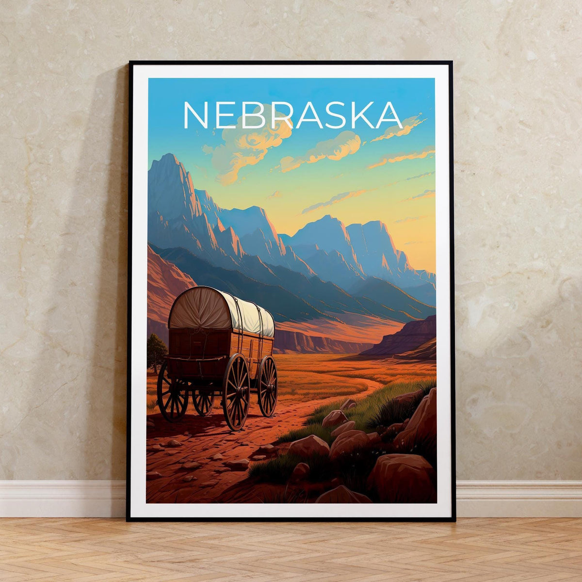 Nebraska Poster – Covered Wagon Frontier Trail Sunset Print