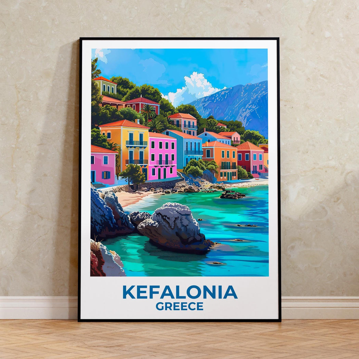 Kefalonia Greece Poster – Colorful Seaside Village Cove