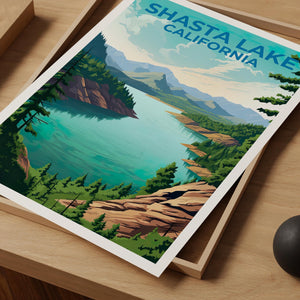 Shasta Lake California Poster – Forest Lake Mountains Print