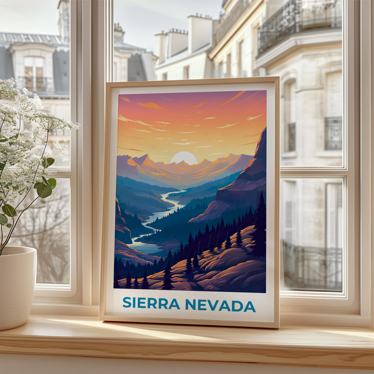 Sierra Nevada Poster – Sunrise Valley & Pine Forest Print