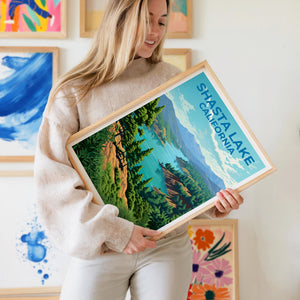 Shasta Lake California Poster, Pine Forest Lake Print