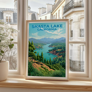 Shasta Lake California Poster, Pine Forest Lake Print