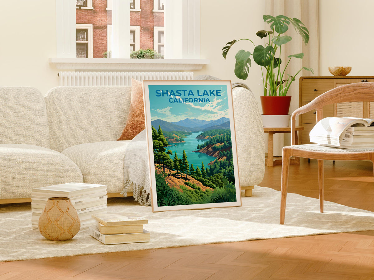 Shasta Lake California Poster, Pine Forest Lake Print