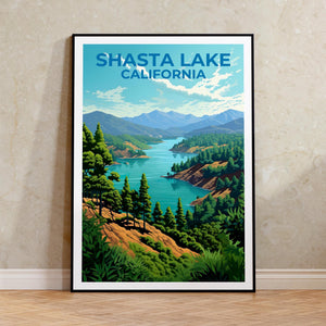 Shasta Lake California Poster, Pine Forest Lake Print