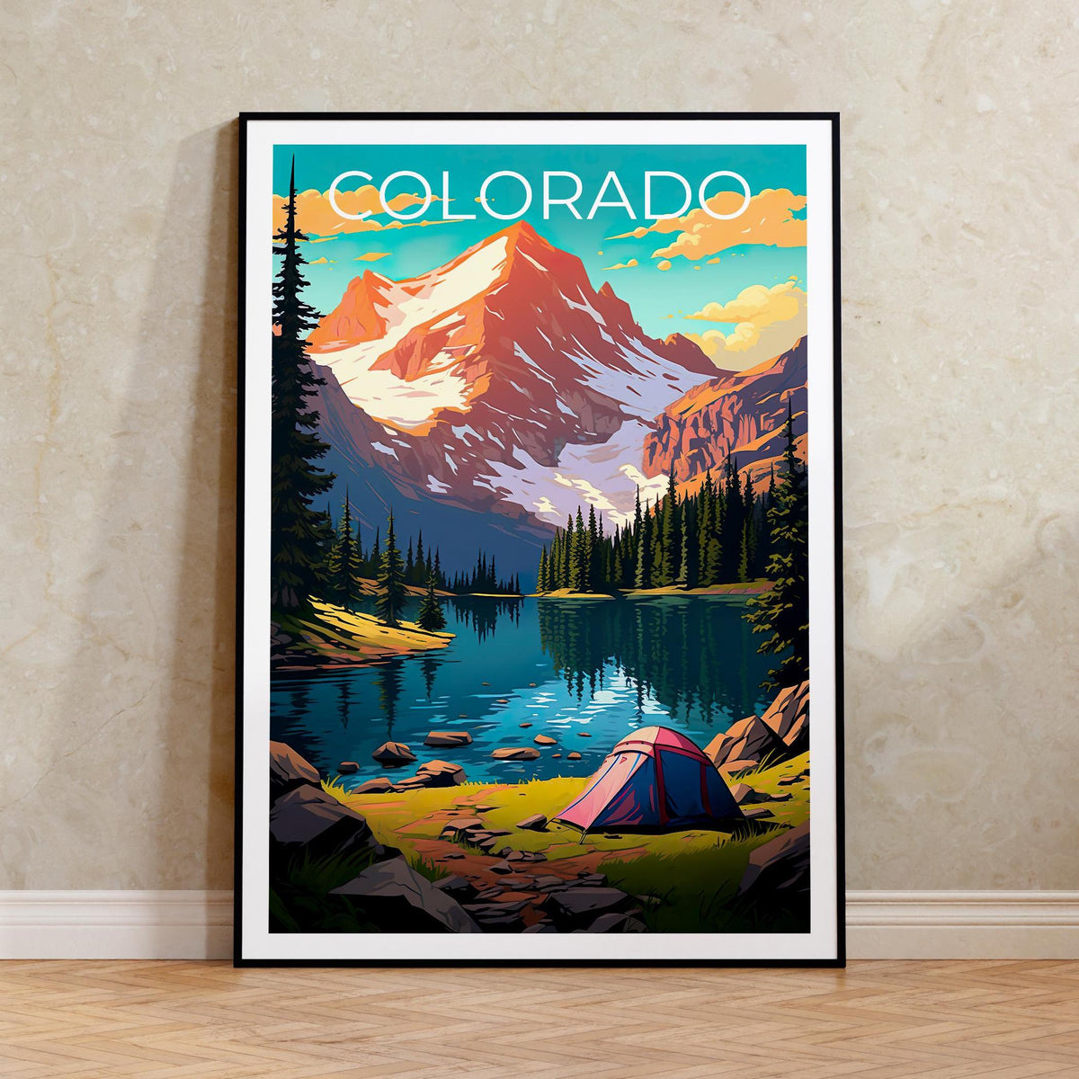 Colorado Poster: Alpine Lake, Tent & Snowy Peak