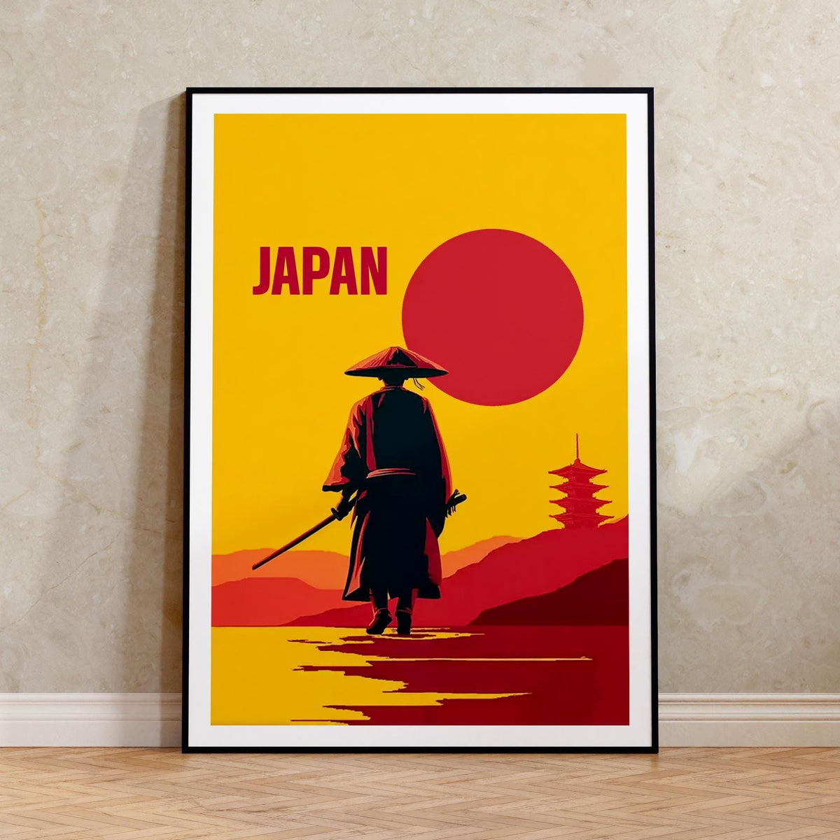 Japan Samurai Poster – Minimalist Red Sun Warrior Art Print