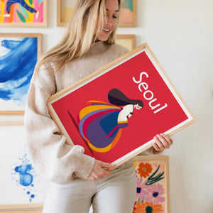 Seoul South Korea Poster, Woman in Hanbok Illustration