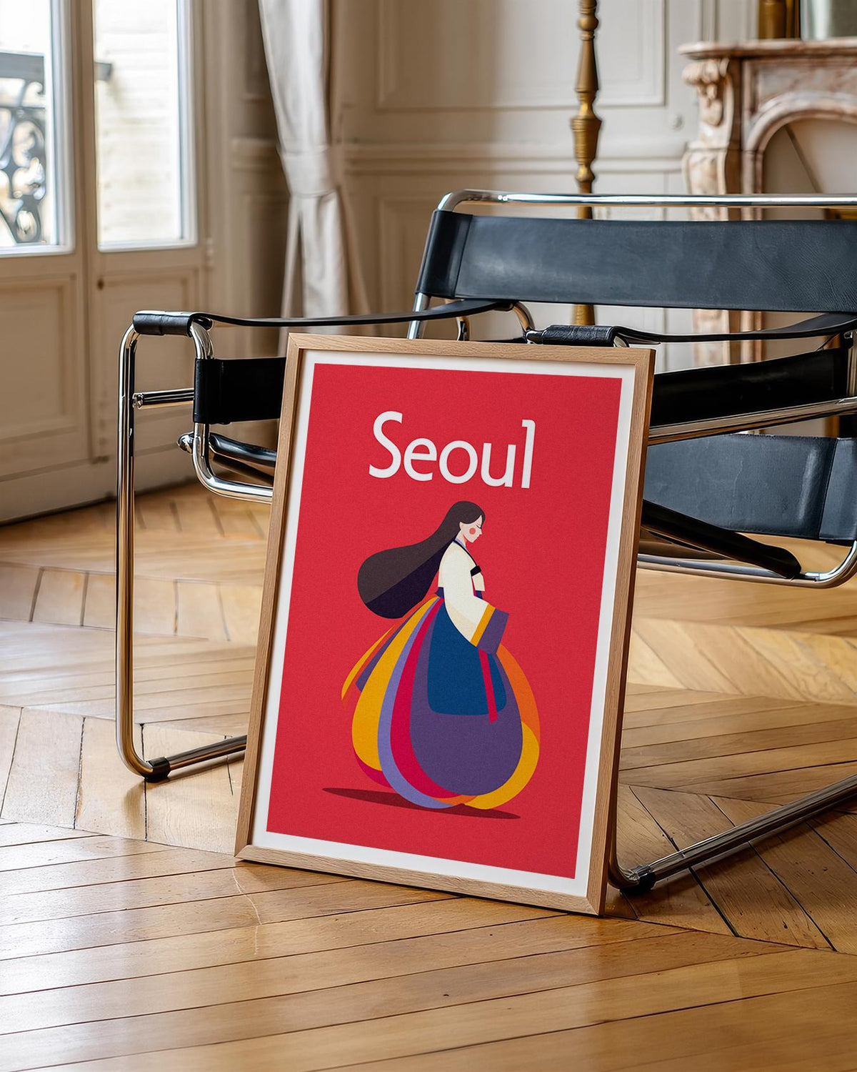 Seoul South Korea Poster, Woman in Hanbok Illustration