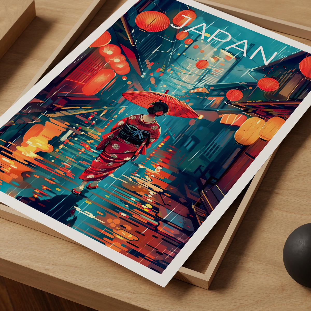 Japan Poster – Geisha in Kimono on Rainy Lantern Street
