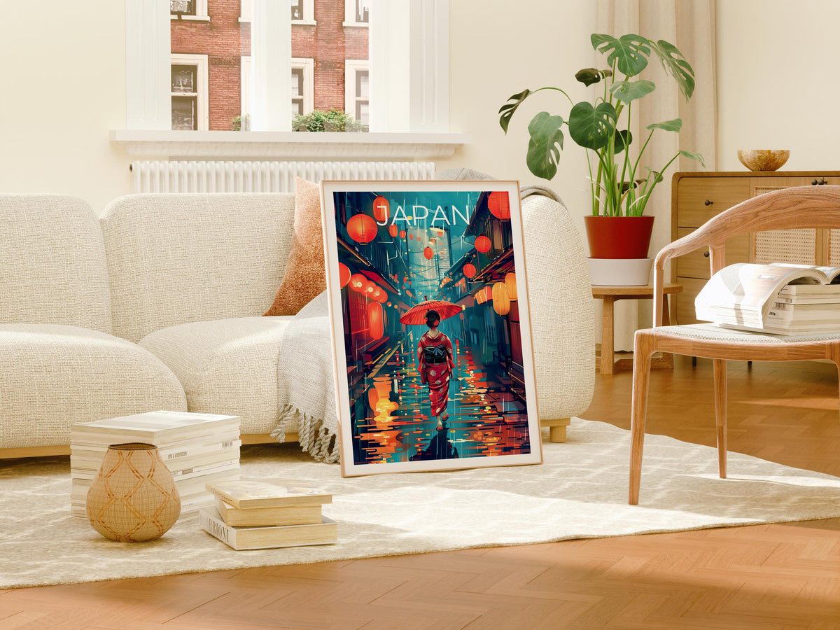 Japan Poster – Geisha in Kimono on Rainy Lantern Street