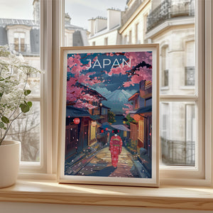 Japan Poster, Geisha & Mount Fuji Cherry Blossom Print