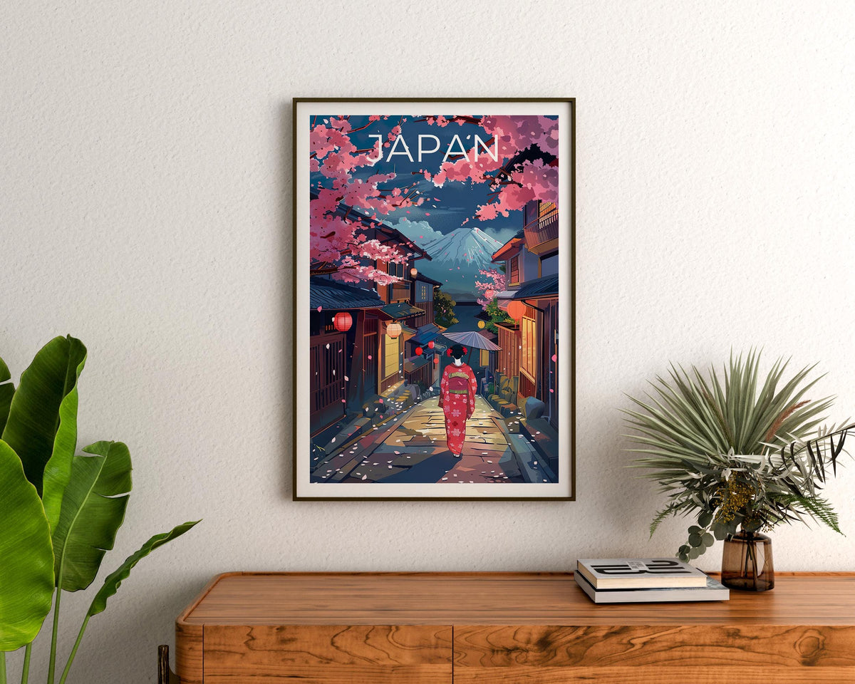 Japan Poster, Geisha & Mount Fuji Cherry Blossom Print