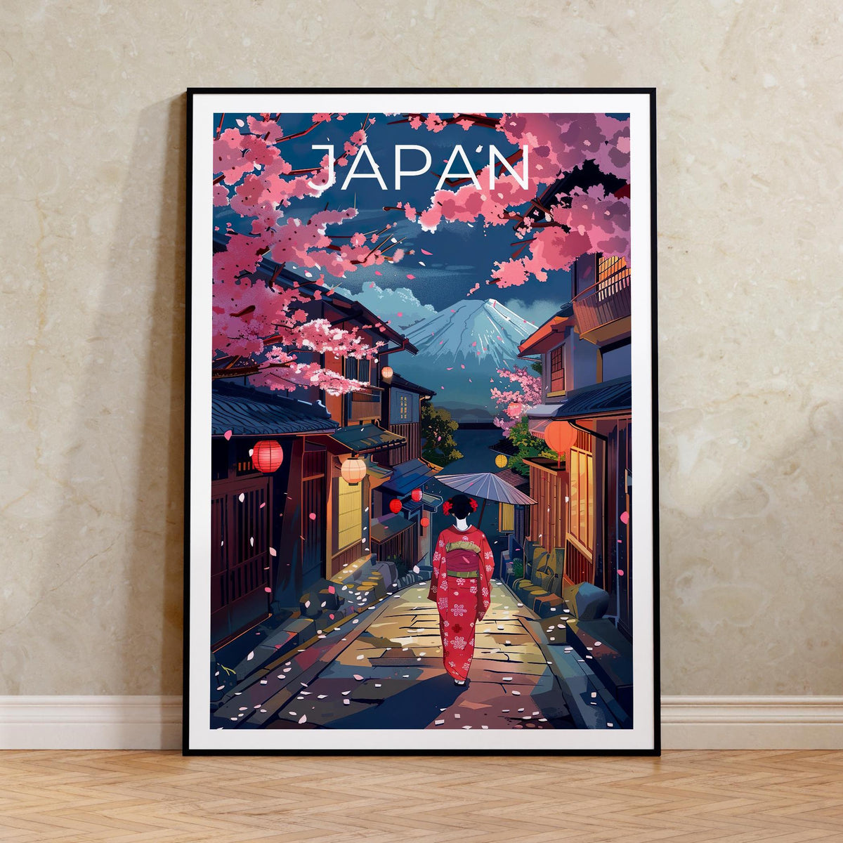 Japan Poster, Geisha & Mount Fuji Cherry Blossom Print