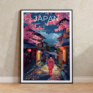 Japan Poster, Geisha & Mount Fuji Cherry Blossom Print