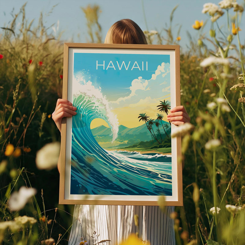 Hawaii Travel Poster, Giant Ocean Wave Surf Print