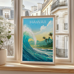 Hawaii Travel Poster, Giant Ocean Wave Surf Print