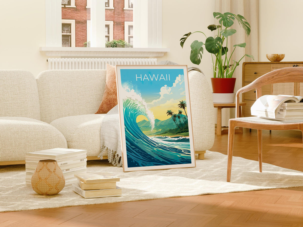 Hawaii Travel Poster, Giant Ocean Wave Surf Print