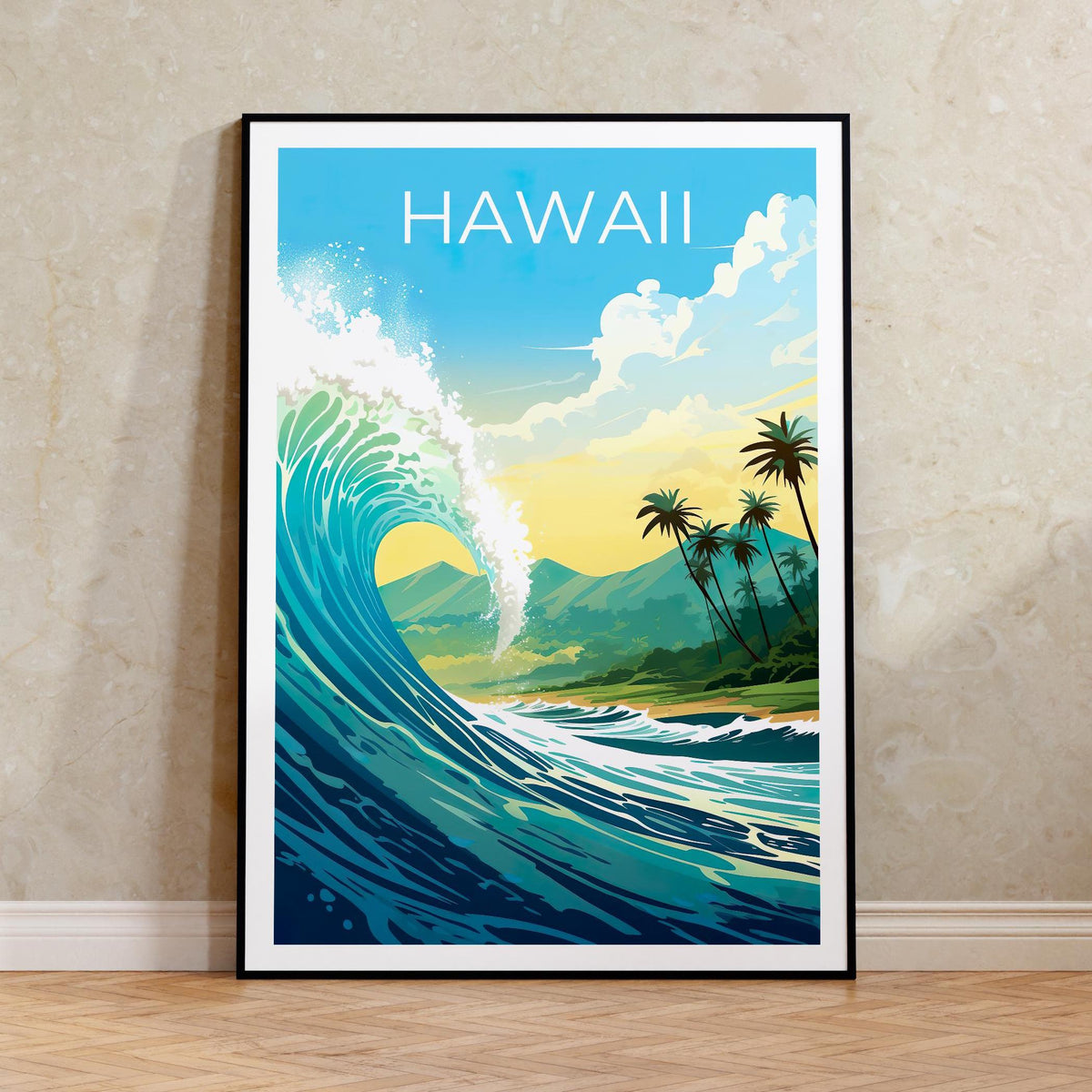 Hawaii Travel Poster, Giant Ocean Wave Surf Print