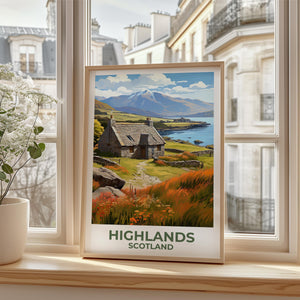 Scottish Highlands Poster — Stone Cottage by the Loch