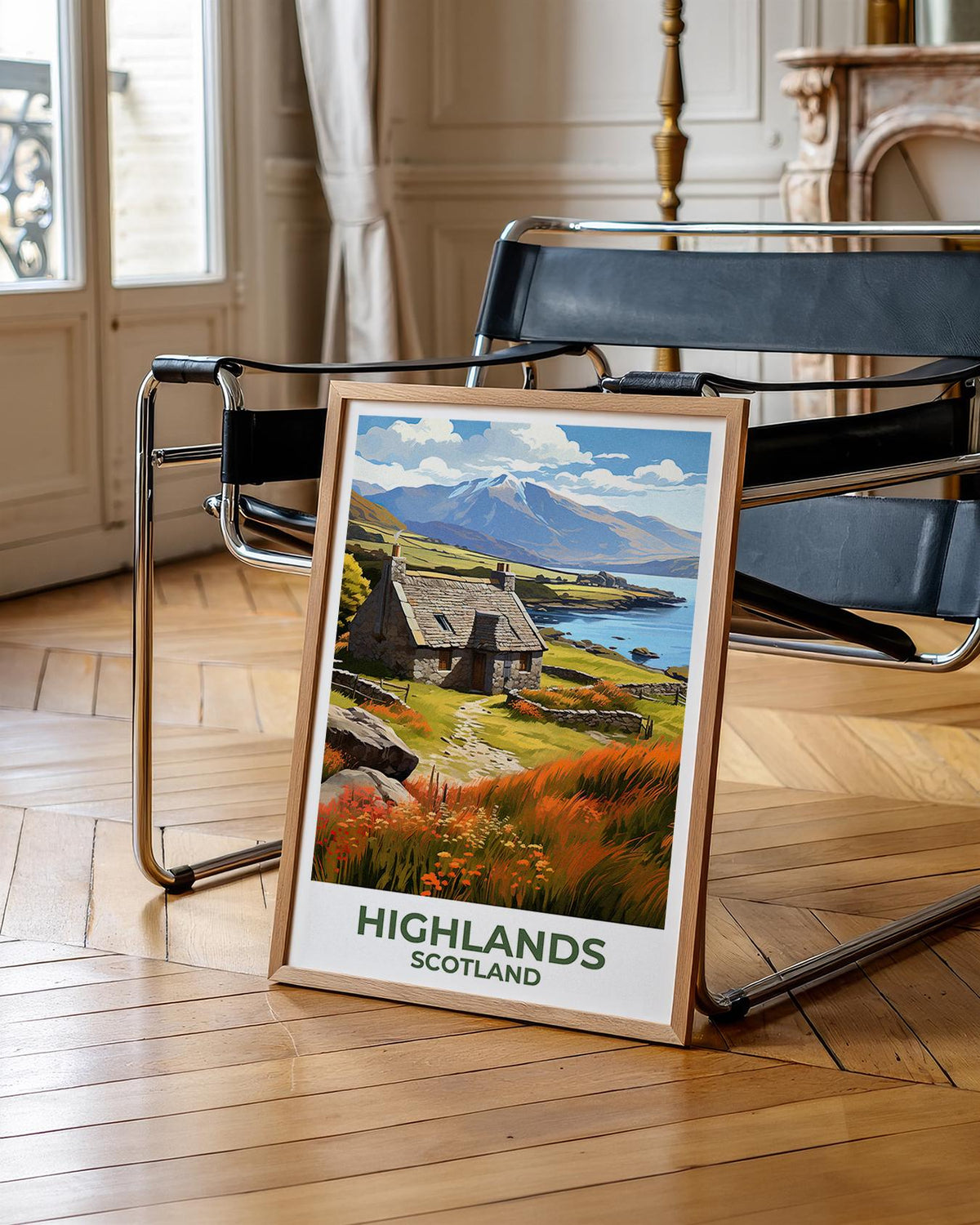 Scottish Highlands Poster — Stone Cottage by the Loch