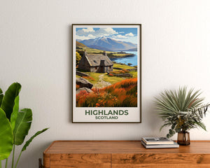 Scottish Highlands Poster — Stone Cottage by the Loch