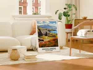 Scottish Highlands Poster — Stone Cottage by the Loch