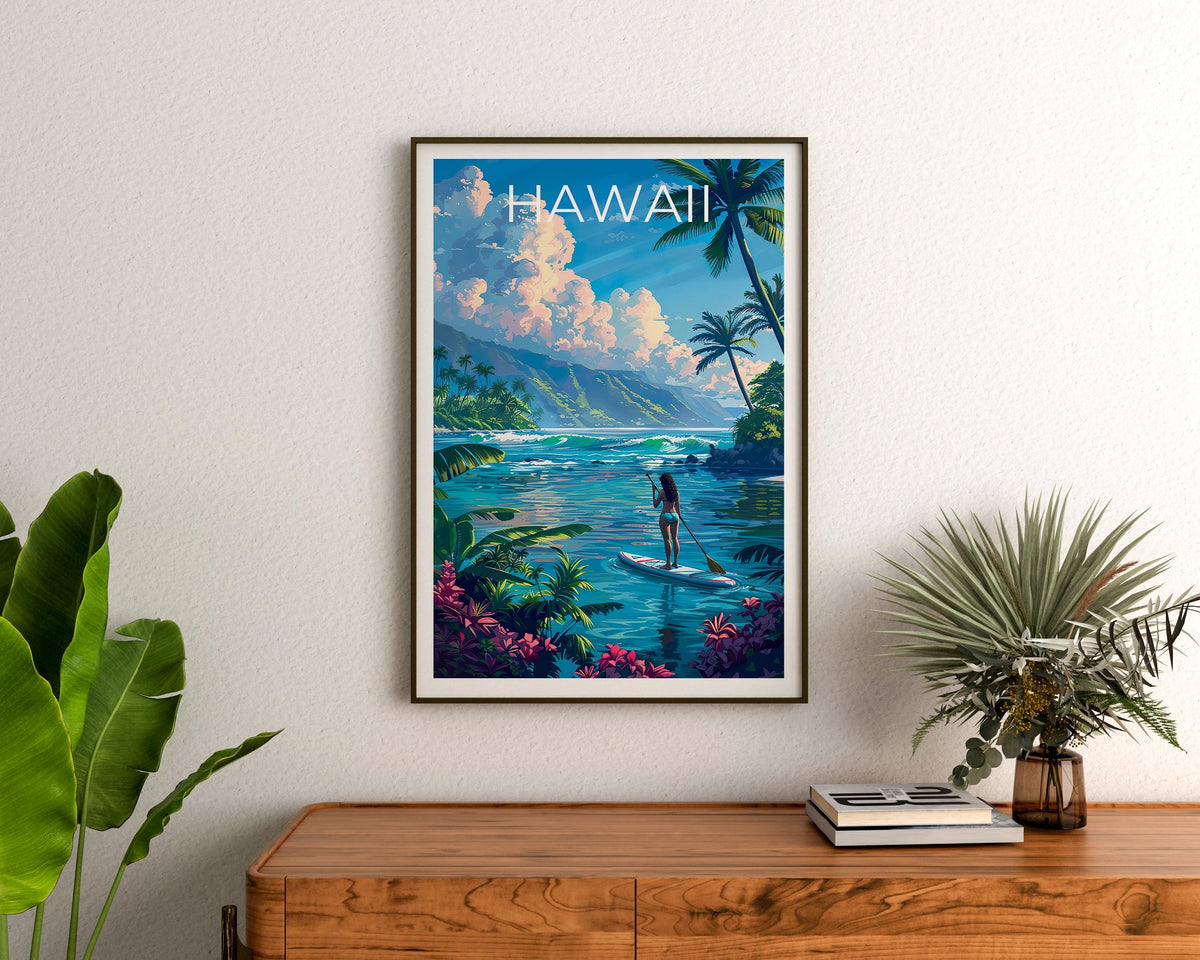 Hawaii Paddleboarding Poster – Tropical Bay & Palm Trees
