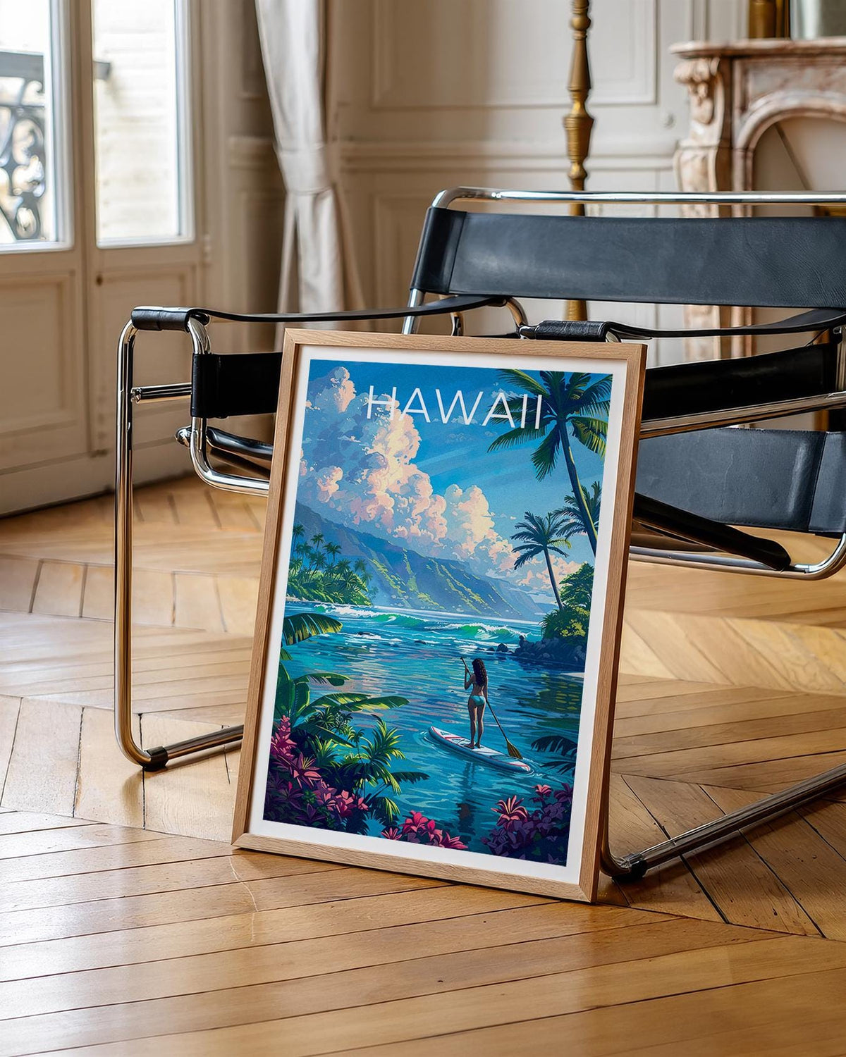 Hawaii Paddleboarding Poster – Tropical Bay & Palm Trees