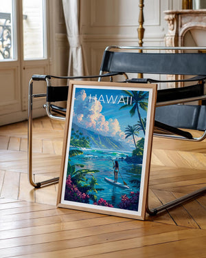 Hawaii Paddleboarding Poster – Tropical Bay & Palm Trees