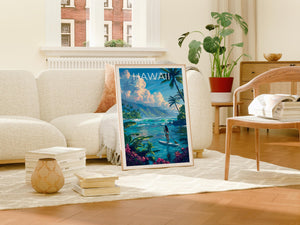 Hawaii Paddleboarding Poster – Tropical Bay & Palm Trees