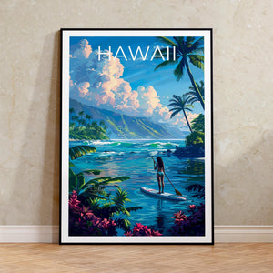 Hawaii Paddleboarding Poster – Tropical Bay & Palm Trees