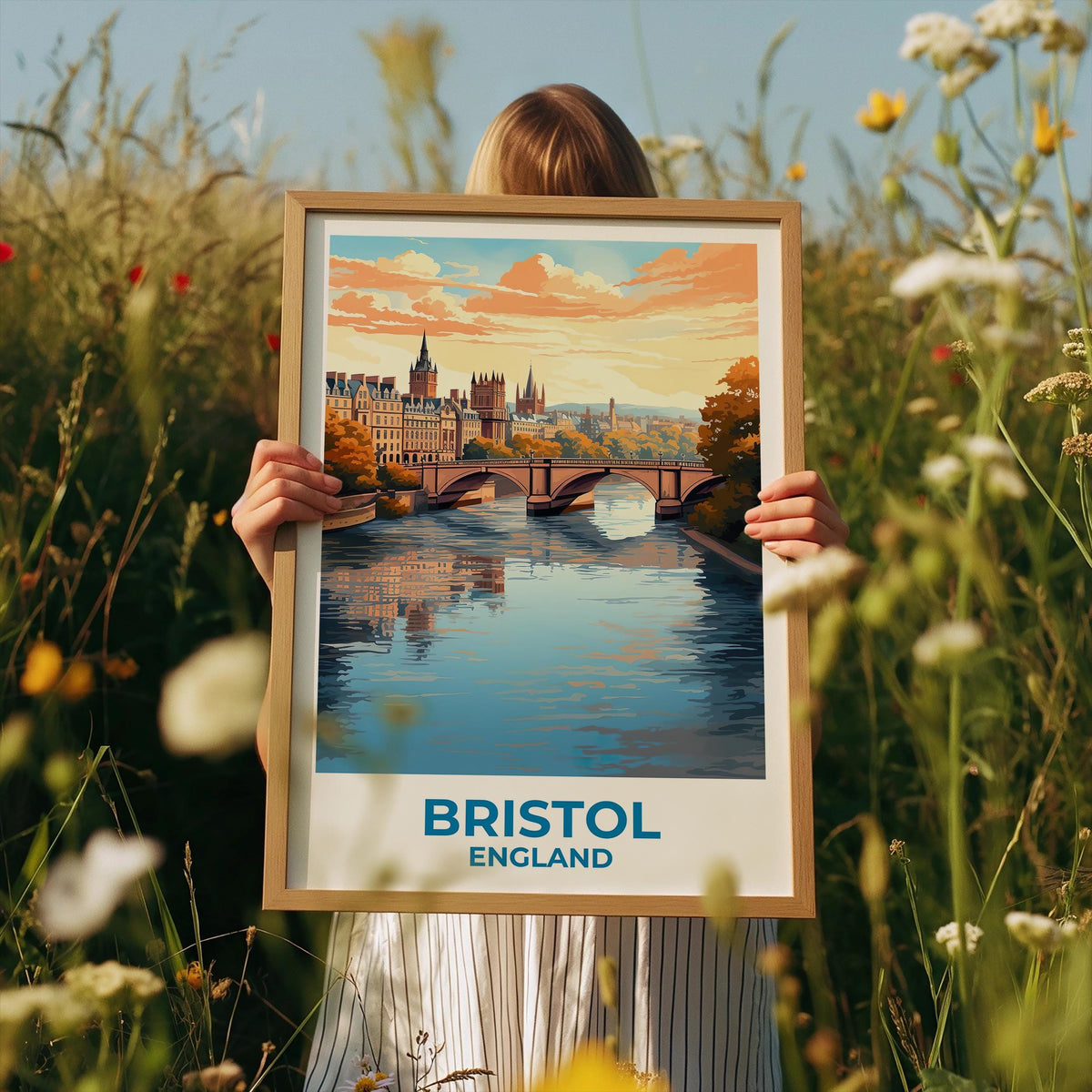 Bristol England Poster – River Bridge and Historic Skyline