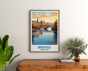 Bristol England Poster – River Bridge and Historic Skyline