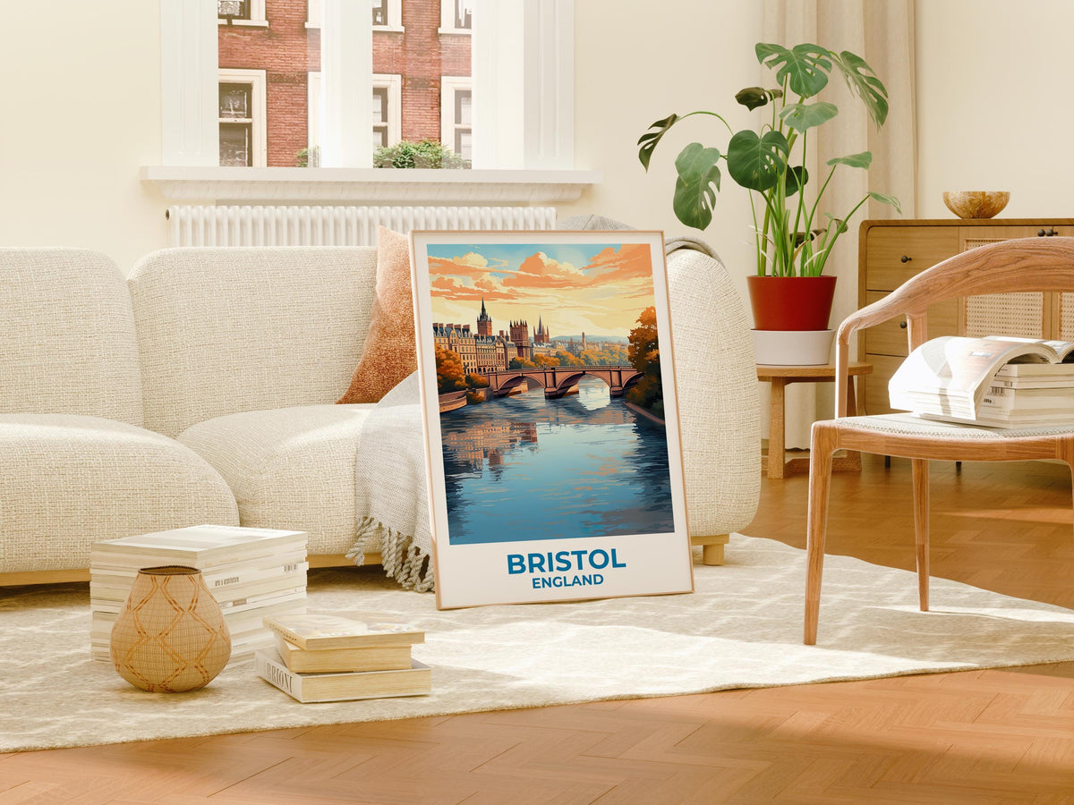 Bristol England Poster – River Bridge and Historic Skyline