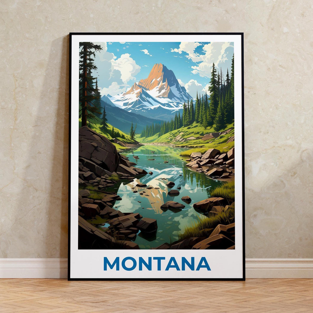 Montana Poster – Snowy Peak & Lake Reflection Print