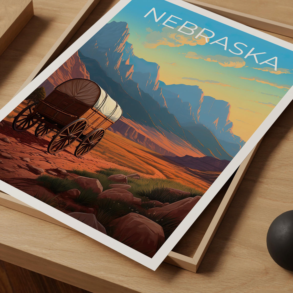 Nebraska Poster – Covered Wagon Frontier Trail Sunset Print